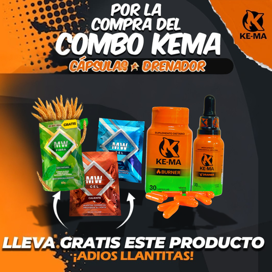 ¡MEGA Combo KE-MA Capsulas-Drenador + 3 Sachetes Gel fria, caliente y Fibra!